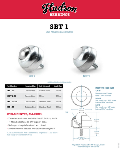 Hudson Bearings Inc.,  SBT-1, SBT1, Stud Mounted Ball Transfers, Ball Castors