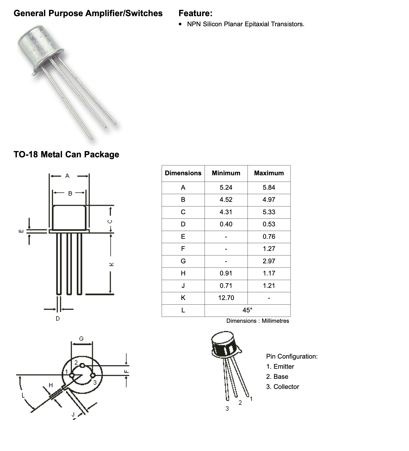 BC107, Small-signal, Transistor, NPN, 45V 0.2A, TO-18,