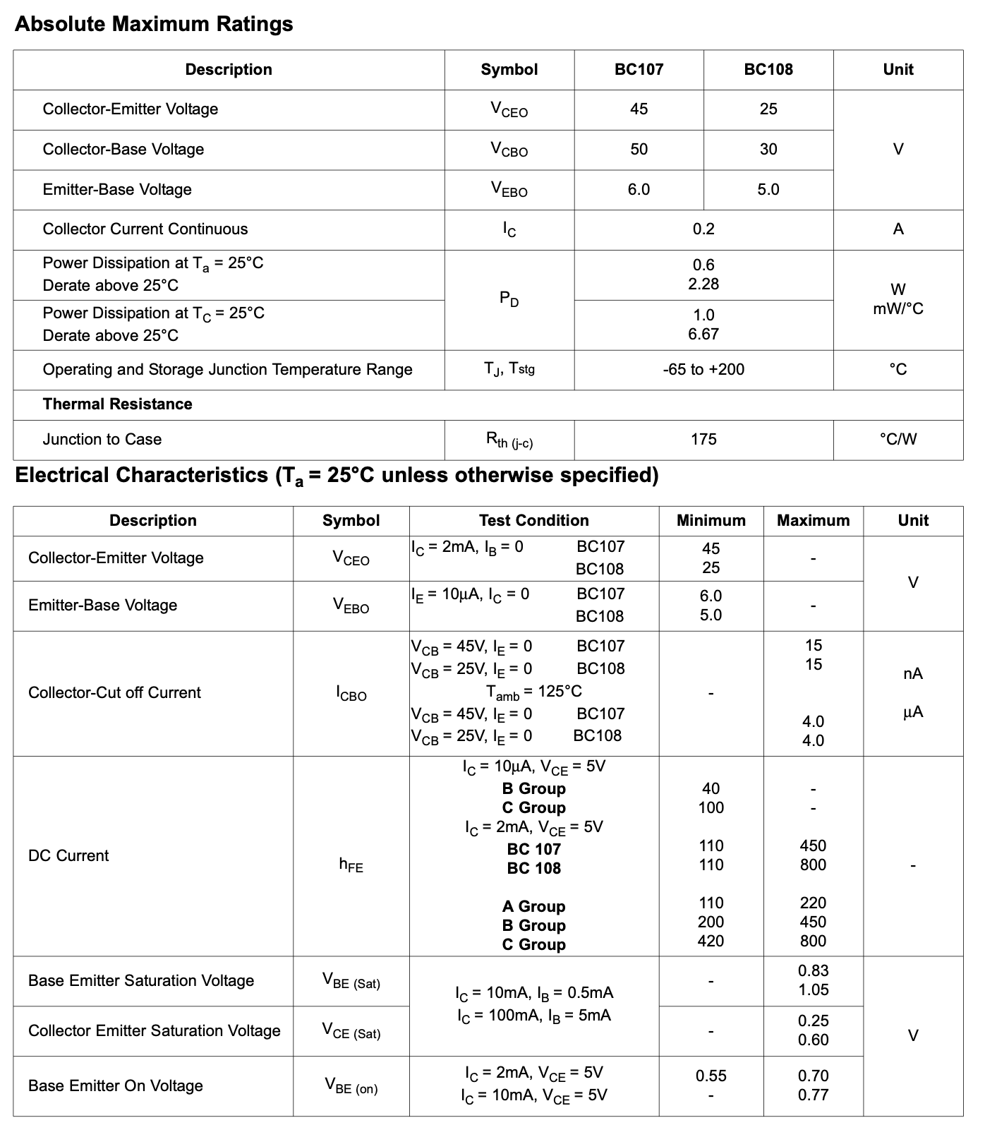 BC107, Small-signal, Transistor, NPN, 45V 0.2A, TO-18,