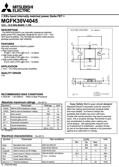 Mitsubishi, Semiconductor, MGFK30V4045, GaAs FET, NEW IN ORIGINAL PACKAGING