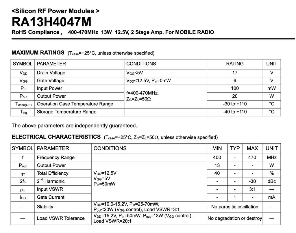 Mitsubishi ,RA13H4047M, RF Power Amplifier Module, MULLARD MAGIC
