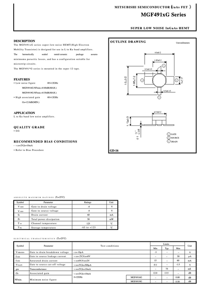 Mitsubishi, MGF4919G, Ultra low noise, InGaAs-HEMT, TRANSISTOR, SMT86, Single device, 1X