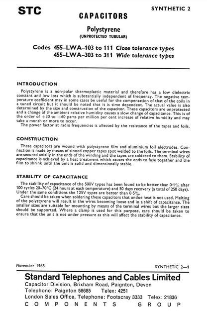 STC, POLYSTYRENE CAPACITOR, CLOSE TOLERANCE TYPE, 455-LWA-105, 30pF 125V
