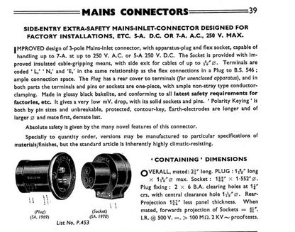 BULGIN, 3 PIN  FEMALE, POWER SOCKET, P453, SA1970, FOR LEAK TL12.1 & QUAD ESL 57,  22mm NOSE DIA., RT ANGLE CABLE ENTRY