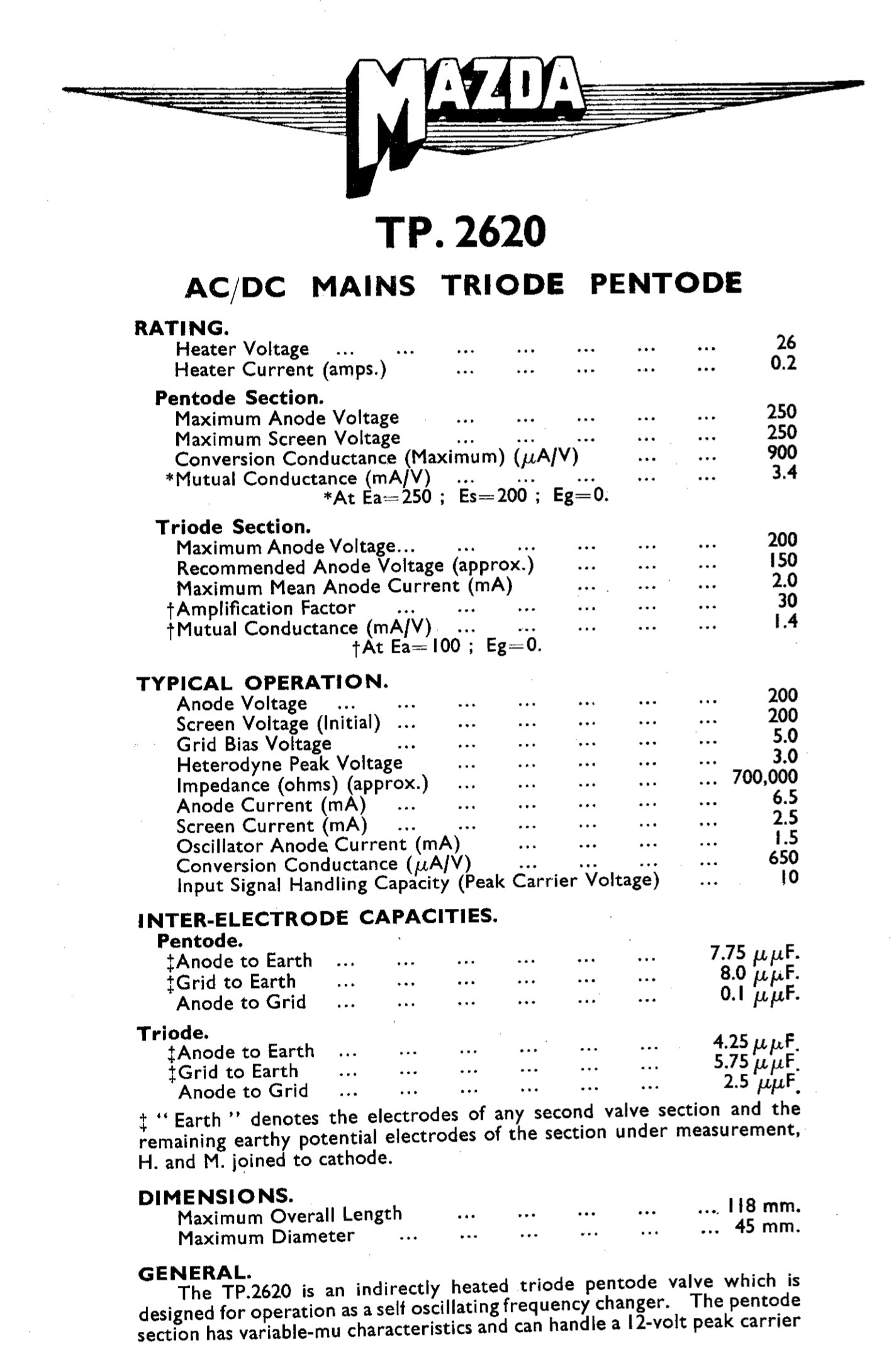 T.P.2620, TP2620, MAZDA, NEW BOXED AS USED IN 1935 - 1937 McMICHAEL, MURPHY, PYE, ULTRA, RECEIVERS,