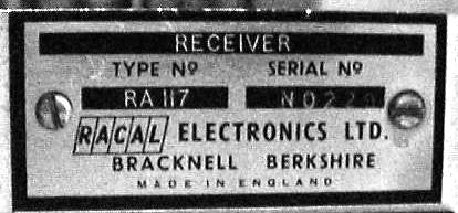 SERIAL NUMBER PLATE, RACAL, COMMUNICATIONS RECEIVER, RA17, RA117, RA1217, RA1772, RA1792