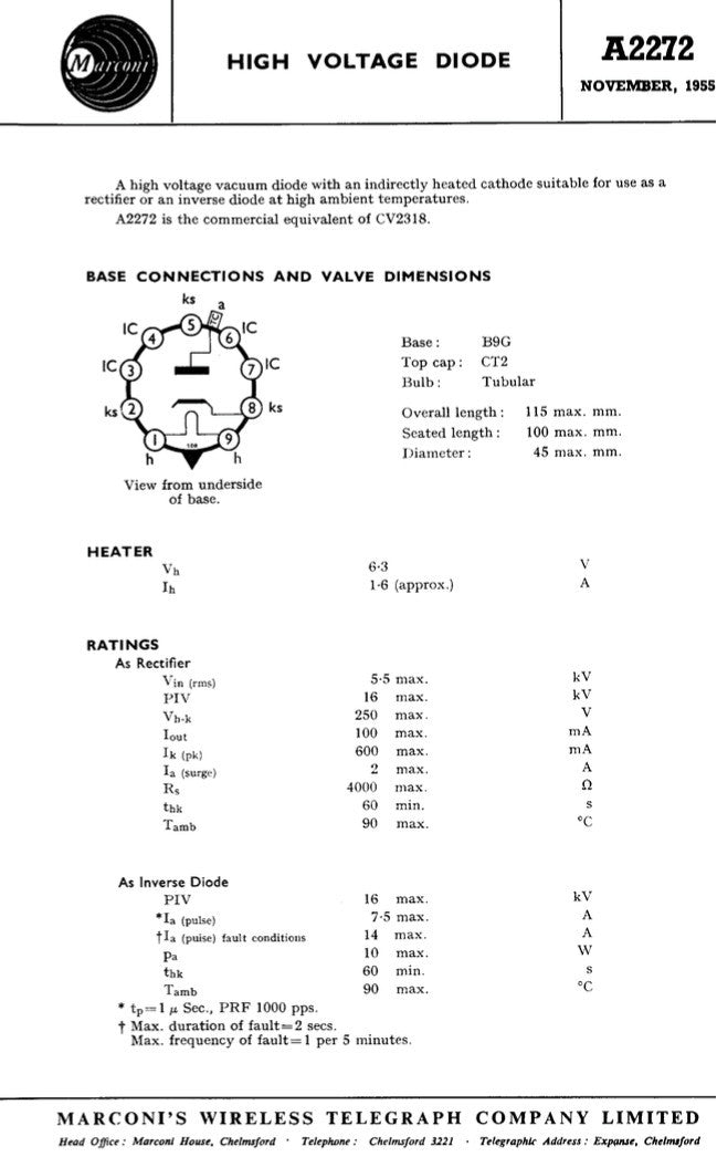 MARCONI OSRAM EXPERIMENTAL DEVELOPMENT LAB SAMPLE CV2318 VX3193 A2272 HW RECTIFIER - MULLARD MAGIC - 3