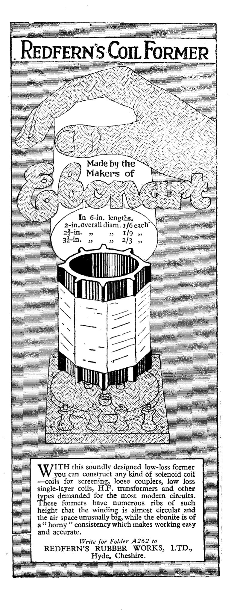 1926,  EBONITE, COIL FORMER, COIL QUOIT, BOXED, REDFERNS RUBBER COMPANY, HYDE, 150 x 55mm
